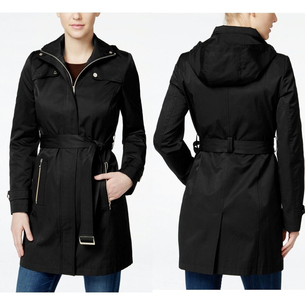 New! IVANKA TRUMP Women's Hooded Zip-Up Trench Coat Black Jacket Size XS